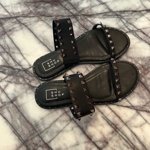 Shu Shop stud black leather slide sandals 7.5